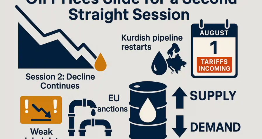 Flat-style infographic illustrating falling oil prices, increased OPEC+ production, and rising tariff threats impacting global energy markets.