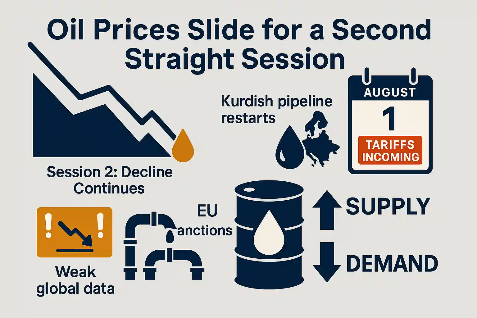 Flat-style infographic illustrating falling oil prices, increased OPEC+ production, and rising tariff threats impacting global energy markets.