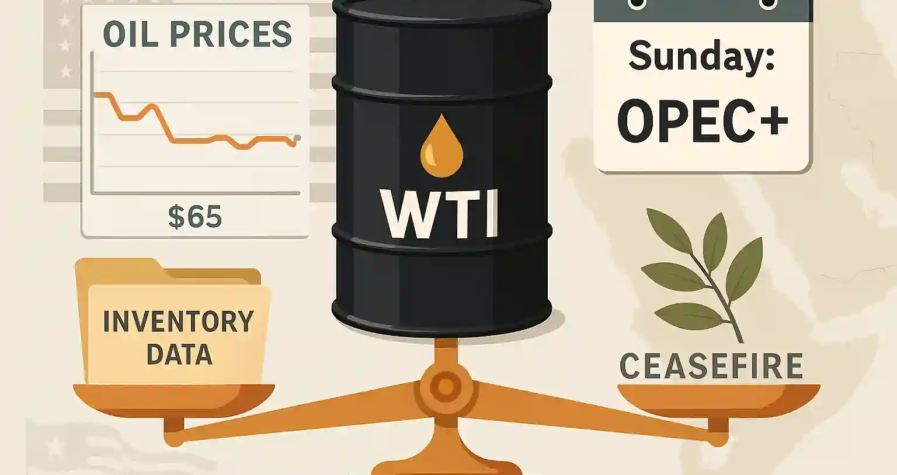 WTI oil barrel balanced between inventory data and ceasefire, with calendar marking OPEC+ event.