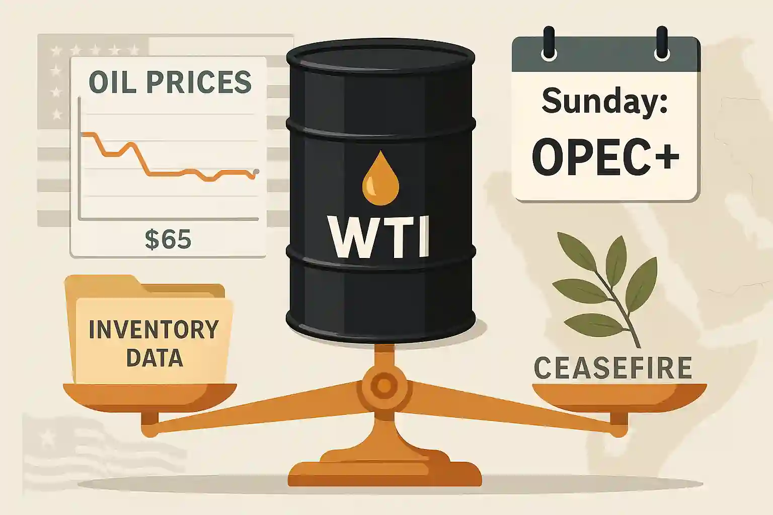 WTI oil barrel balanced between inventory data and ceasefire, with calendar marking OPEC+ event.