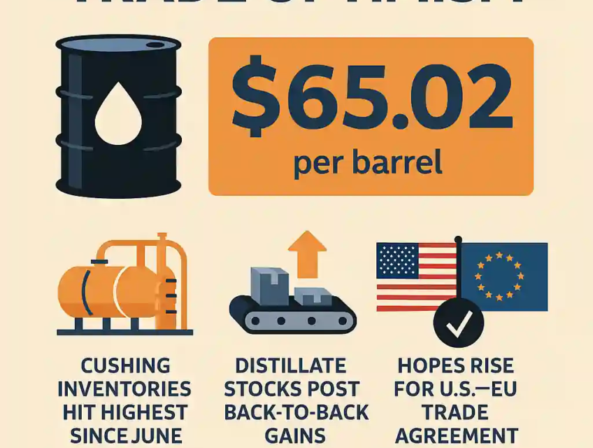 Flat-style infographic showing oil barrels, trade agreement handshake icons, U.S. and EU flags, and oil price charts stabilizing near $65 per barrel.