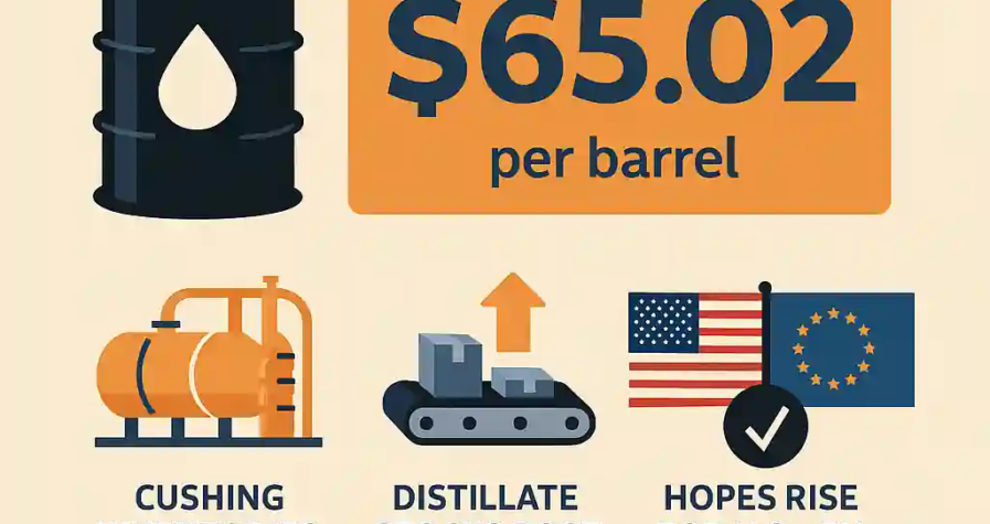 Flat-style infographic showing oil barrels, trade agreement handshake icons, U.S. and EU flags, and oil price charts stabilizing near $65 per barrel.