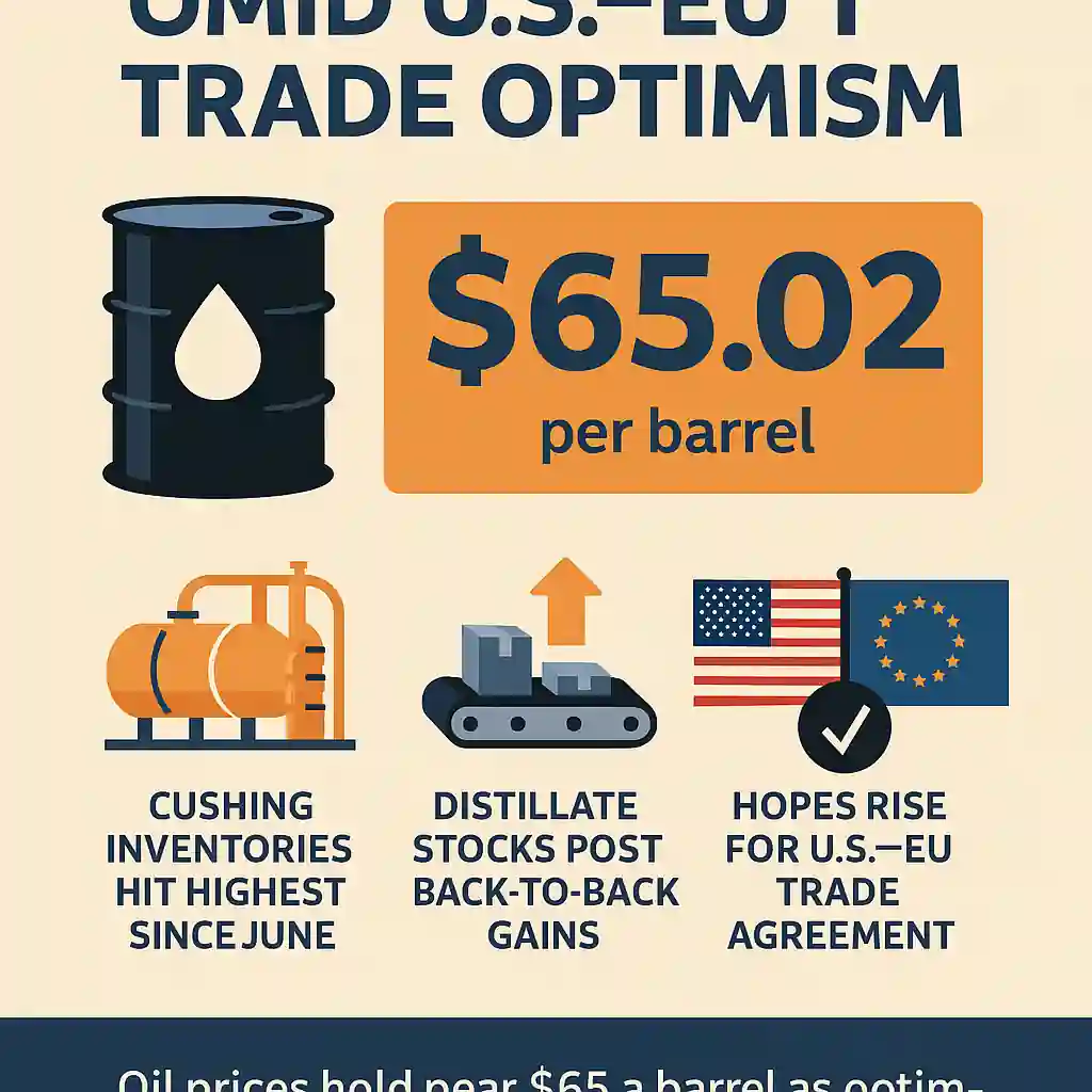 Flat-style infographic showing oil barrels, trade agreement handshake icons, U.S. and EU flags, and oil price charts stabilizing near $65 per barrel.