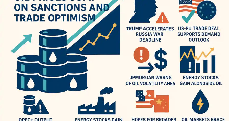 A digital infographic illustrating oil prices rising due to sanctions on Russia, trade agreements, and market optimism.