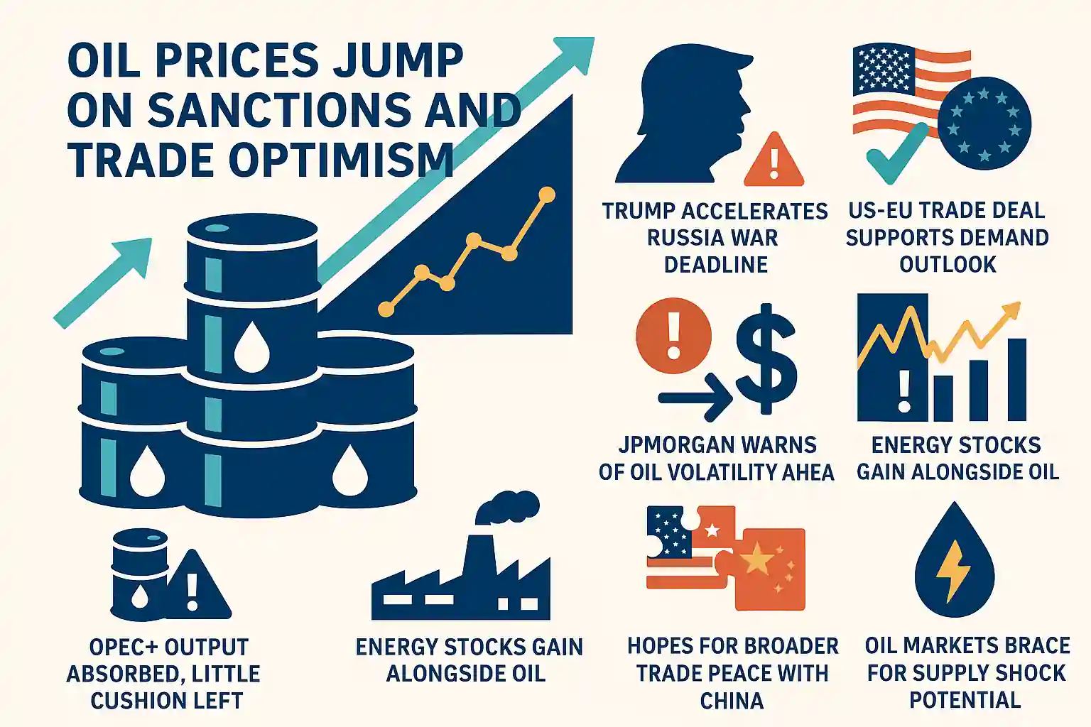 A digital infographic illustrating oil prices rising due to sanctions on Russia, trade agreements, and market optimism.
