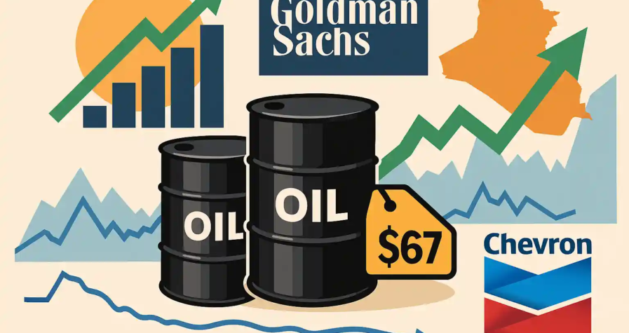 Illustration numérique du rebond du pétrole, avec des graphiques de marché, des barils de pétrole et un fond boursier en hausse
