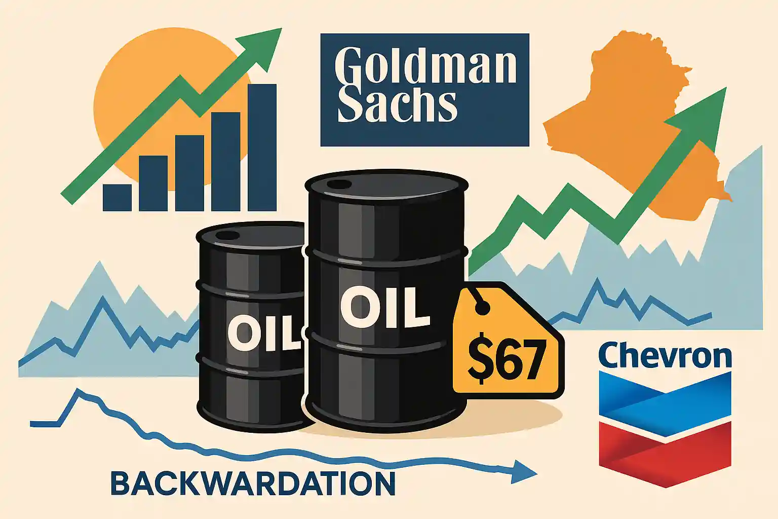 Illustration numérique du rebond du pétrole, avec des graphiques de marché, des barils de pétrole et un fond boursier en hausse