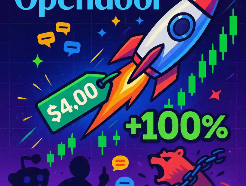 Colorful cartoon-style image showing a rocket labeled $4.00, green candlestick chart, Reddit mascot, and +100% caption as Opendoor stock surges.