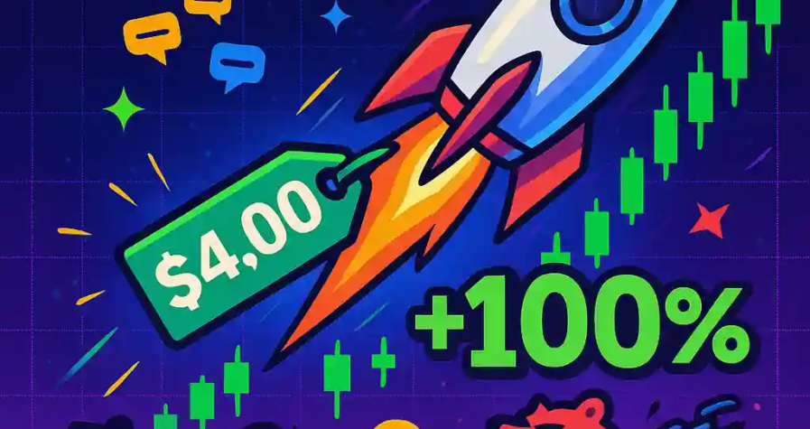 Colorful cartoon-style image showing a rocket labeled $4.00, green candlestick chart, Reddit mascot, and +100% caption as Opendoor stock surges.