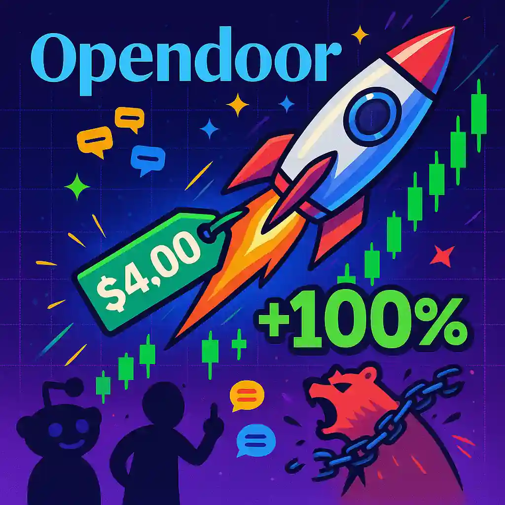Colorful cartoon-style image showing a rocket labeled $4.00, green candlestick chart, Reddit mascot, and +100% caption as Opendoor stock surges.