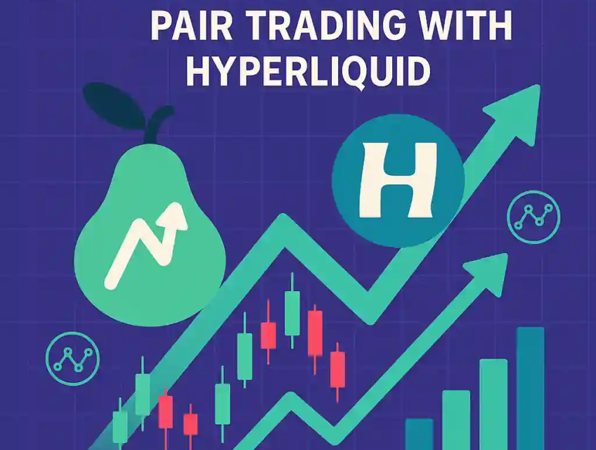 Flat-style digital illustration showing two stylized cryptocurrency traders interacting with trading interfaces. One screen displays a dual-chart setup representing pair trading, while the background shows Hyperliquid and Pear Protocol logos merging in a dynamic swirl. Visual elements include candlestick charts, a “Trade” button, and dollar-pegged symbols illustrating capital efficiency.