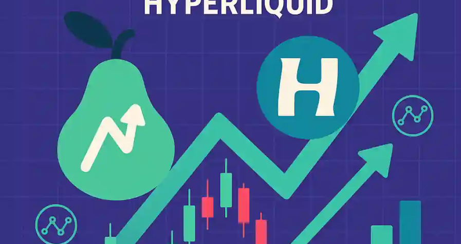 Flat-style digital illustration showing two stylized cryptocurrency traders interacting with trading interfaces. One screen displays a dual-chart setup representing pair trading, while the background shows Hyperliquid and Pear Protocol logos merging in a dynamic swirl. Visual elements include candlestick charts, a “Trade” button, and dollar-pegged symbols illustrating capital efficiency.
