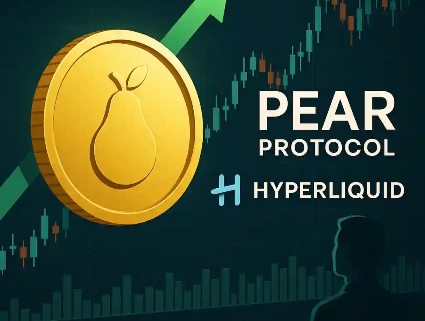 Golden Pear Protocol coin with green arrow and Hyperliquid logo symbolizing DeFi growth