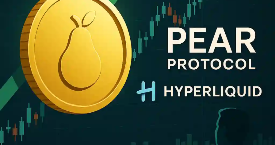 Golden Pear Protocol coin with green arrow and Hyperliquid logo symbolizing DeFi growth