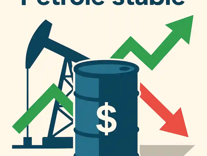 Infographie montrant un baril de pétrole, une pompe, et des flèches verte et rouge symbolisant la stabilité du marché avant des événements clés.