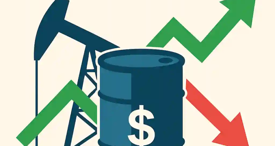 Infographie montrant un baril de pétrole, une pompe, et des flèches verte et rouge symbolisant la stabilité du marché avant des événements clés.
