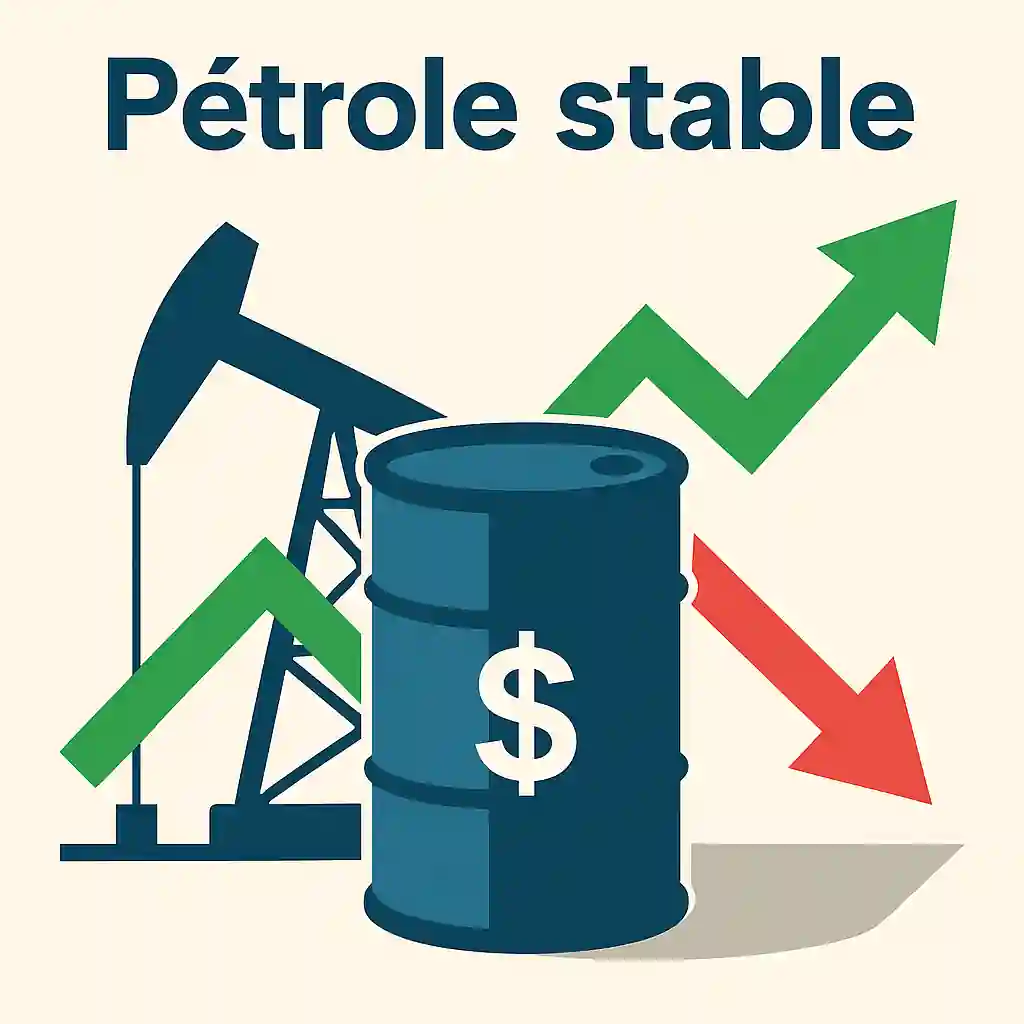 Infographie montrant un baril de pétrole, une pompe, et des flèches verte et rouge symbolisant la stabilité du marché avant des événements clés.