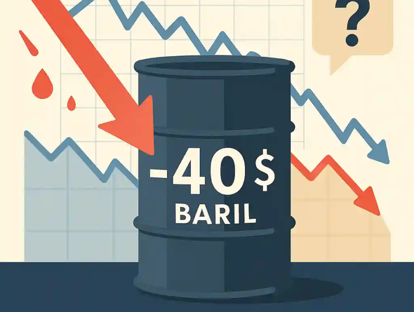 Graphique illustrant un baril de pétrole marqué -40 $ avec une flèche rouge vers le bas, représentant l’effondrement historique des prix du pétrole durant la pandémie.
