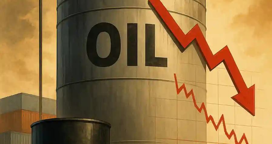 Large U.S. oil storage tank marked "OIL" with a red downward arrow, surrounded by barrels labeled "IMPORT" and "EXPORT" and an American flag waving overhead.