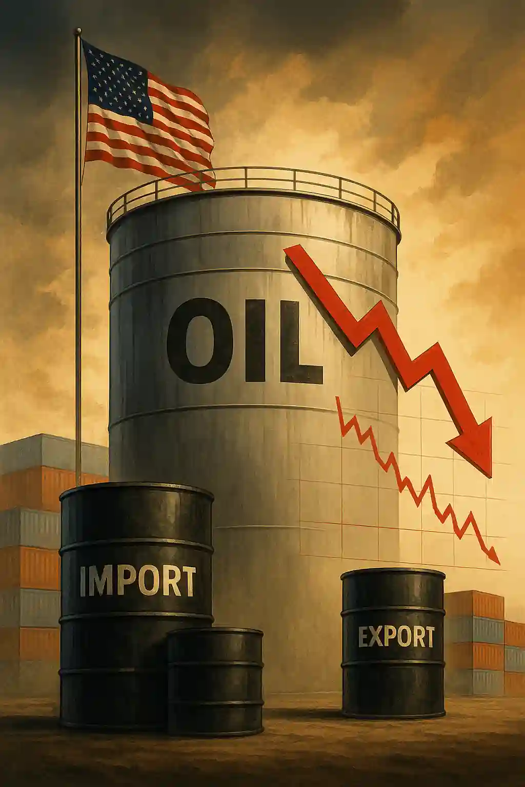 Large U.S. oil storage tank marked "OIL" with a red downward arrow, surrounded by barrels labeled "IMPORT" and "EXPORT" and an American flag waving overhead.
