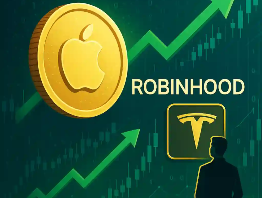 Golden Apple and Tesla tokens with Robinhood logo and financial charts representing tokenized stock growth