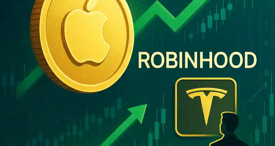 Golden Apple and Tesla tokens with Robinhood logo and financial charts representing tokenized stock growth