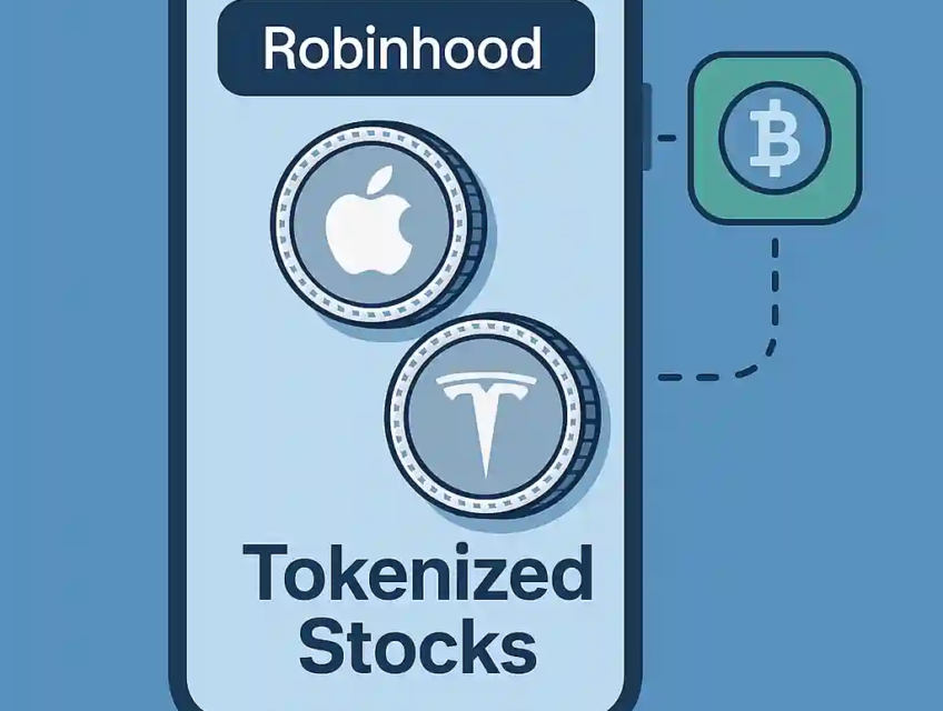 Flat-style digital illustration showing a mobile app with tokenized stock icons for Apple and Tesla, representing Robinhood’s crypto-equity trading feature.