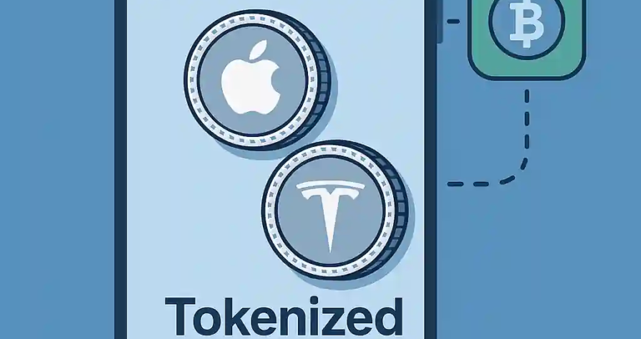 Flat-style digital illustration showing a mobile app with tokenized stock icons for Apple and Tesla, representing Robinhood’s crypto-equity trading feature.