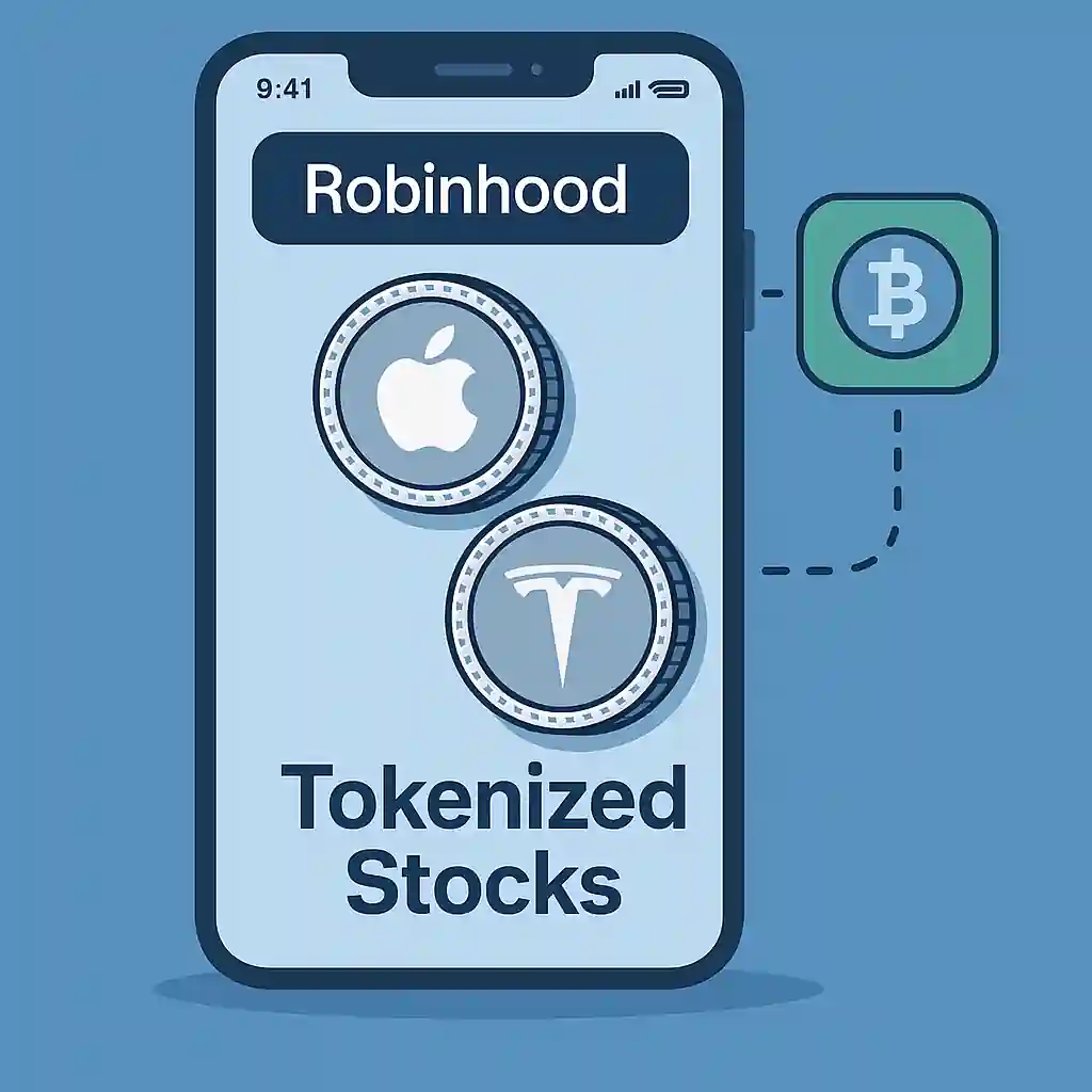 Flat-style digital illustration showing a mobile app with tokenized stock icons for Apple and Tesla, representing Robinhood’s crypto-equity trading feature.