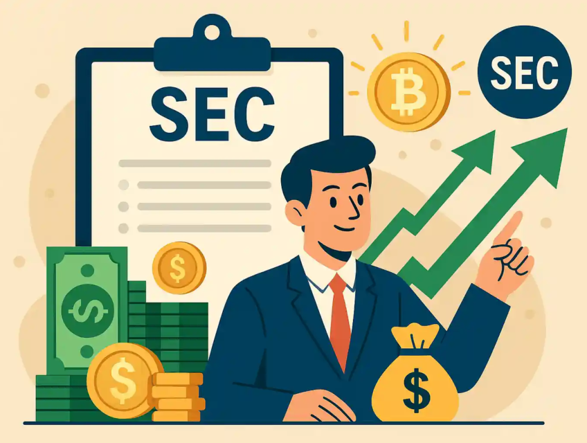 Illustration d’un homme en costume devant un dossier SEC, une pièce Bitcoin et une flèche verte montante.