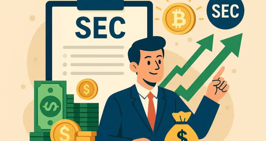 Illustration d’un homme en costume devant un dossier SEC, une pièce Bitcoin et une flèche verte montante.