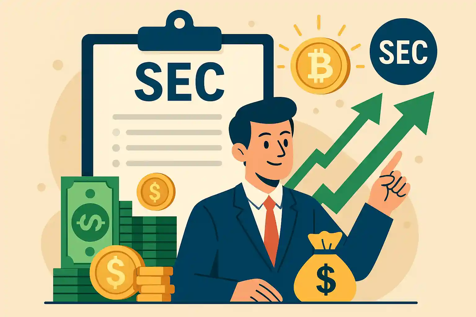 Illustration d’un homme en costume devant un dossier SEC, une pièce Bitcoin et une flèche verte montante.