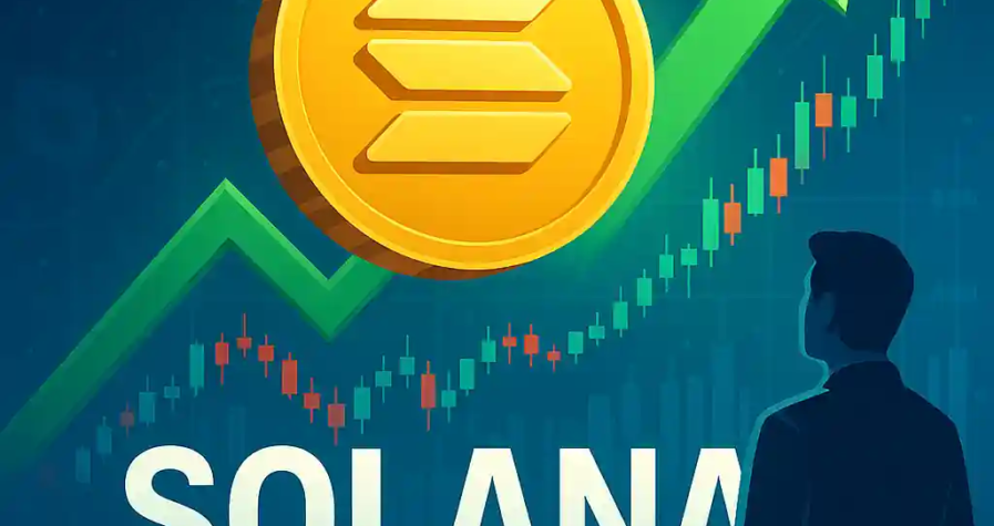 Golden Solana coin with upward arrow and trading charts symbolizing 2025 market rally