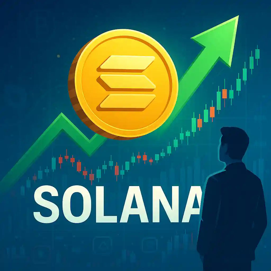 Golden Solana coin with upward arrow and trading charts symbolizing 2025 market rally