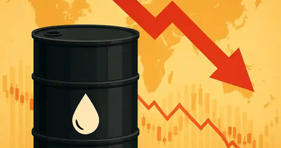 Illustration numérique d’un baril de pétrole noir posé sur des documents financiers, symbolisant la stabilité des cours du brut autour de 65 dollars, en lien avec les négociations commerciales entre les États-Unis et l’Union européenne.