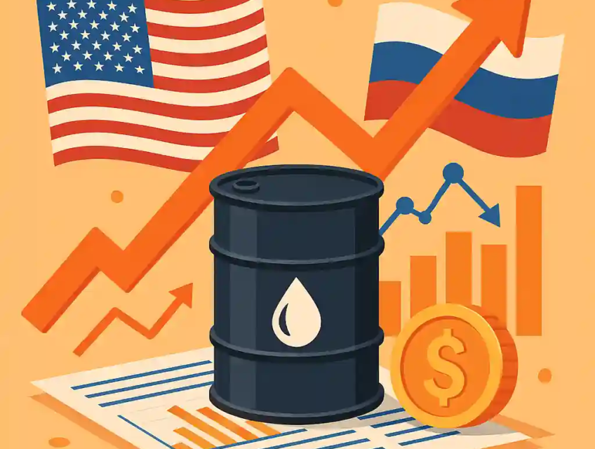 Illustration d’un baril de pétrole sur fond de tensions géopolitiques entre les États-Unis, la Russie et l’Union européenne, symbolisant l’impact des sanctions et des accords commerciaux sur les cours du brut.