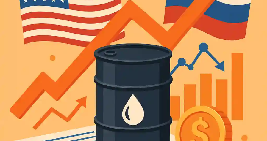 Illustration d’un baril de pétrole sur fond de tensions géopolitiques entre les États-Unis, la Russie et l’Union européenne, symbolisant l’impact des sanctions et des accords commerciaux sur les cours du brut.