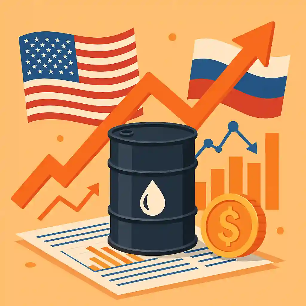 Illustration d’un baril de pétrole sur fond de tensions géopolitiques entre les États-Unis, la Russie et l’Union européenne, symbolisant l’impact des sanctions et des accords commerciaux sur les cours du brut.