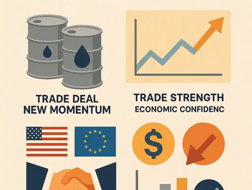 Digital infographic showing oil barrels, economic charts, U.S.–EU trade symbols, and dollar icons representing mixed oil price movement due to trade progress and labor data.