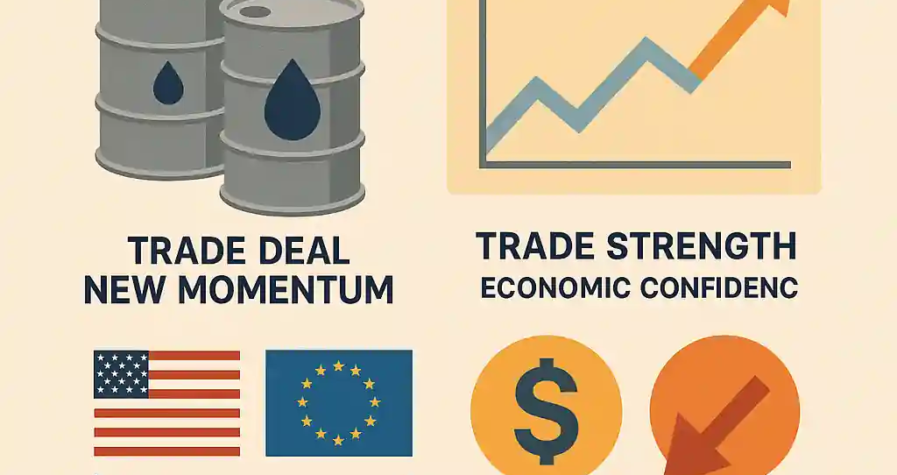 Digital infographic showing oil barrels, economic charts, U.S.–EU trade symbols, and dollar icons representing mixed oil price movement due to trade progress and labor data.