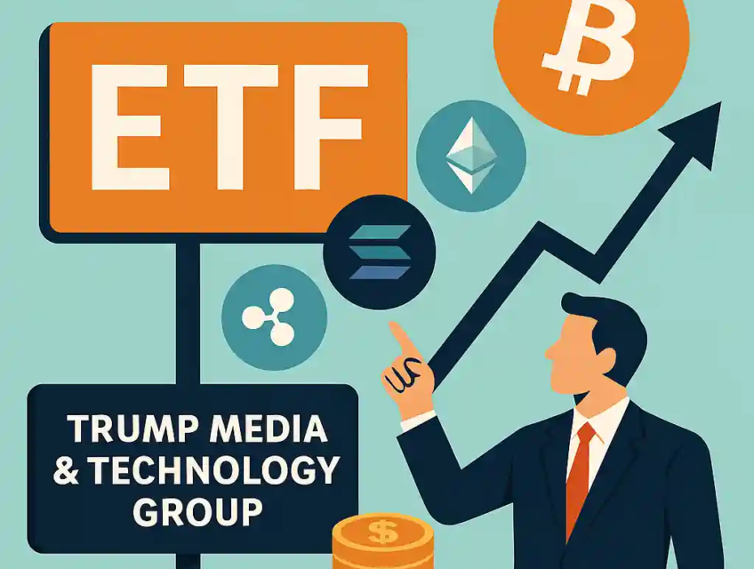 Illustration d’un homme d’affaires pointant un panneau "ETF" entouré des logos Bitcoin, Ether, Solana et Ripple.