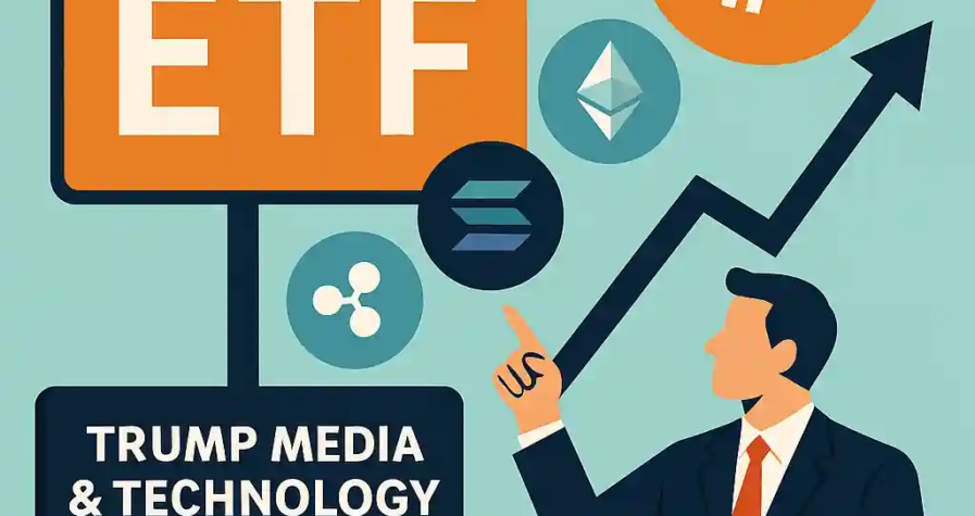 Illustration d’un homme d’affaires pointant un panneau "ETF" entouré des logos Bitcoin, Ether, Solana et Ripple.