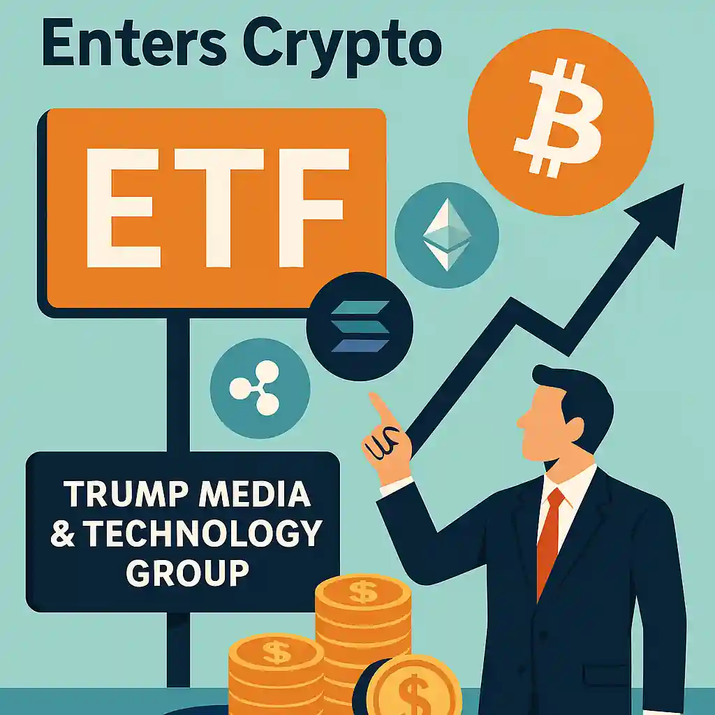 Illustration d’un homme d’affaires pointant un panneau "ETF" entouré des logos Bitcoin, Ether, Solana et Ripple.