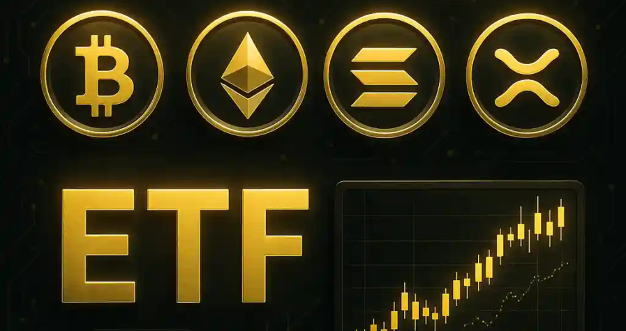 Trump Media ETF visual with golden crypto logos for Bitcoin, Ethereum, Solana, and Ripple over a tech-themed background.