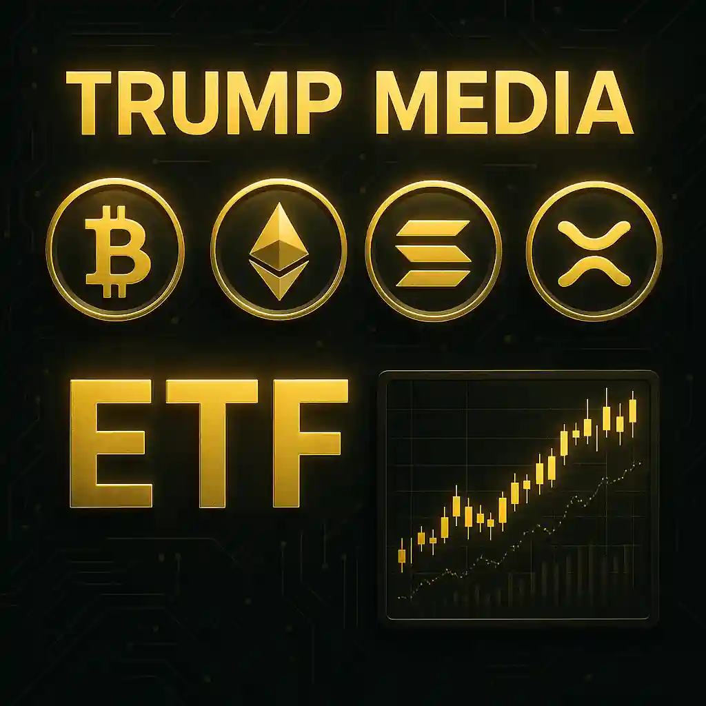 Trump Media ETF visual with golden crypto logos for Bitcoin, Ethereum, Solana, and Ripple over a tech-themed background.