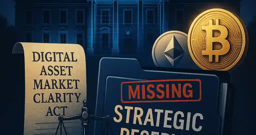 Digital illustration of White House with glowing Bitcoin and Ethereum coins, missing “Strategic Reserve” file, policy scroll, and justice scale tipping toward CFTC.