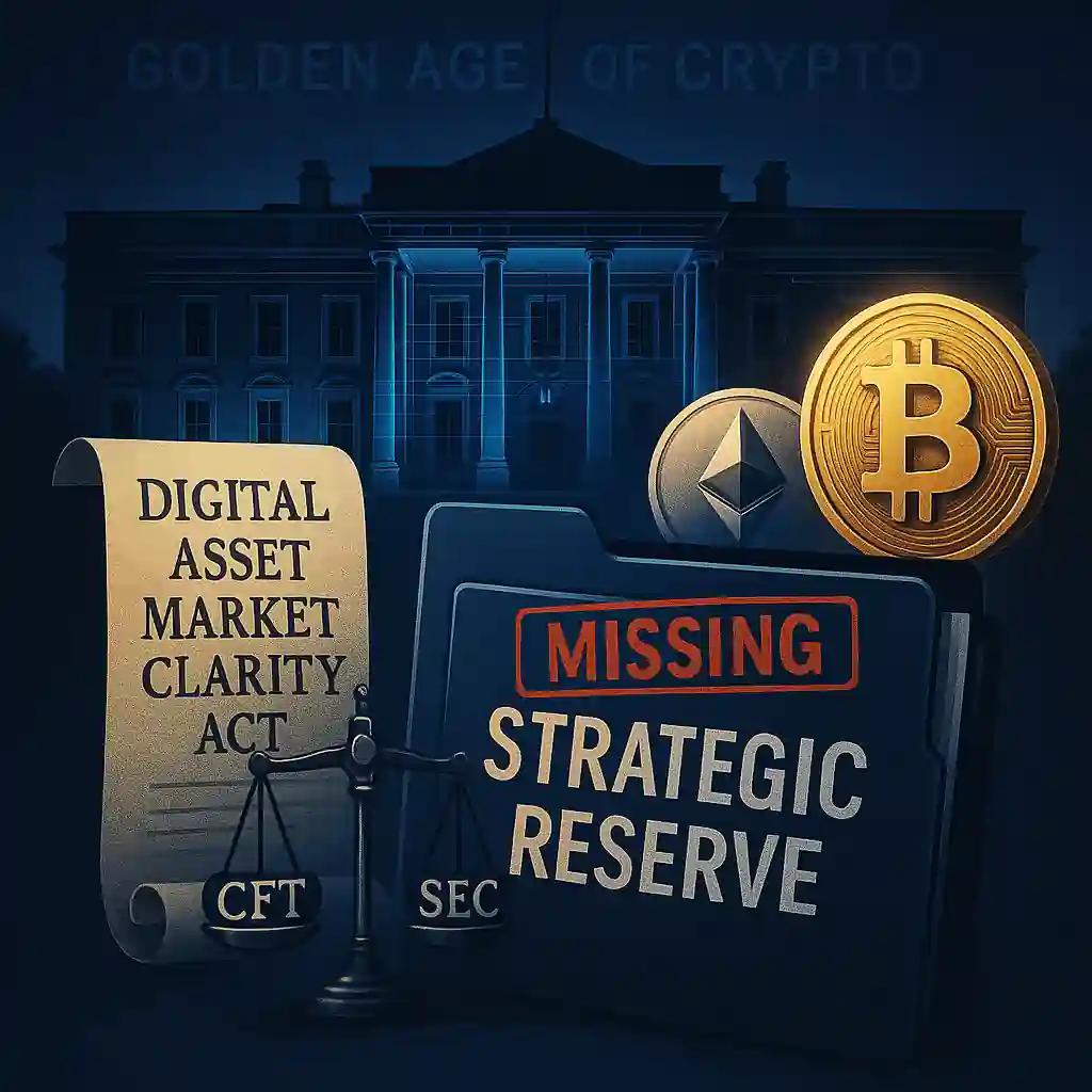 Digital illustration of White House with glowing Bitcoin and Ethereum coins, missing “Strategic Reserve” file, policy scroll, and justice scale tipping toward CFTC.