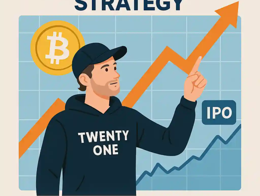 Jack Mallers presenting Twenty One's Bitcoin strategy post-IPO, with Bitcoin symbol and upward graph indicating strong financial growth.