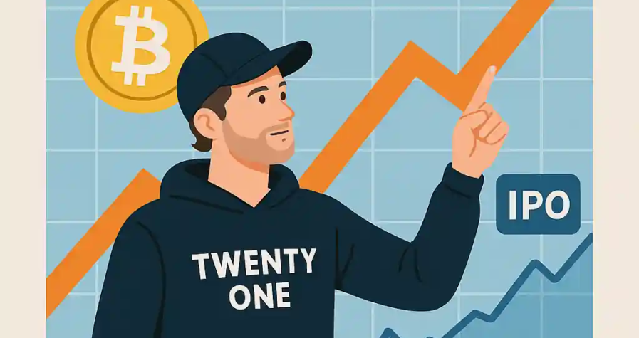 Jack Mallers presenting Twenty One's Bitcoin strategy post-IPO, with Bitcoin symbol and upward graph indicating strong financial growth.