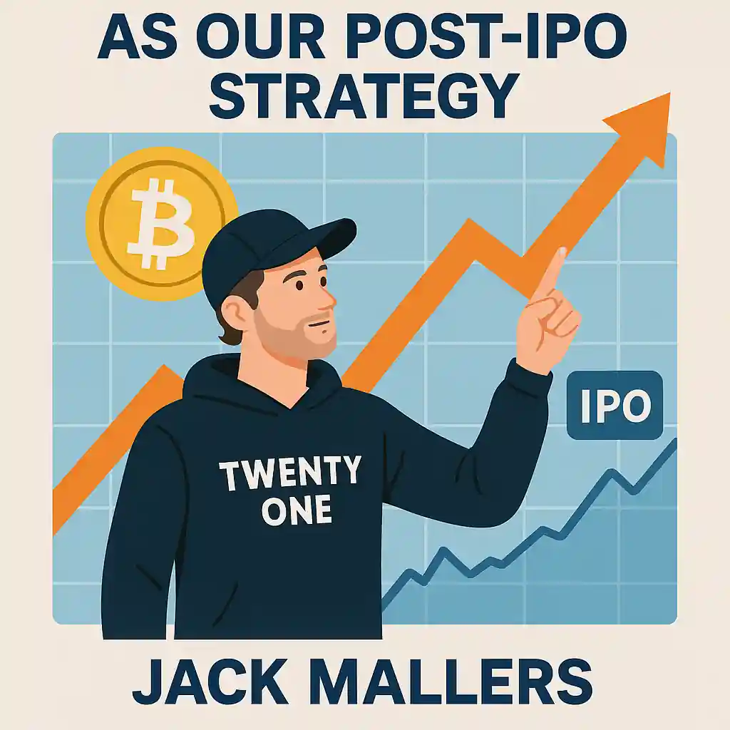 Jack Mallers presenting Twenty One's Bitcoin strategy post-IPO, with Bitcoin symbol and upward graph indicating strong financial growth.